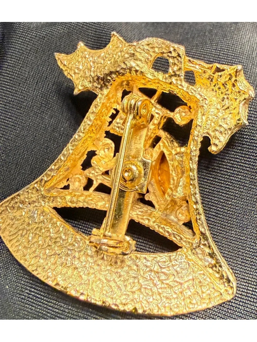 Vintage Christmas Bell Brooch Gold Tone with Rhinestone Colorful Holiday Jewelry